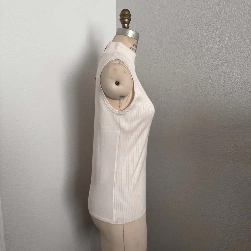 NWT Tahari Ivory Ribbed Knit Sheer Mesh Yoke Sleeveless Top Size Large - Picture 2 of 9